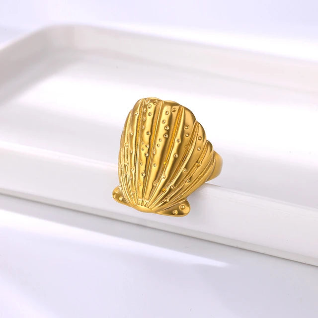 Shell D Place 304 Stainless Steel Gem 18K Gold Plated Inlay Open Ring