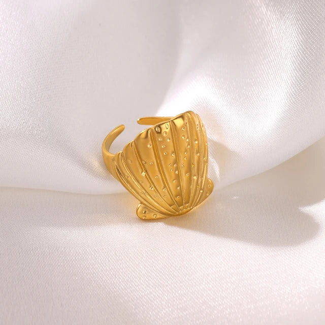 Shell D Place 304 Stainless Steel Gem 18K Gold Plated Inlay Open Ring