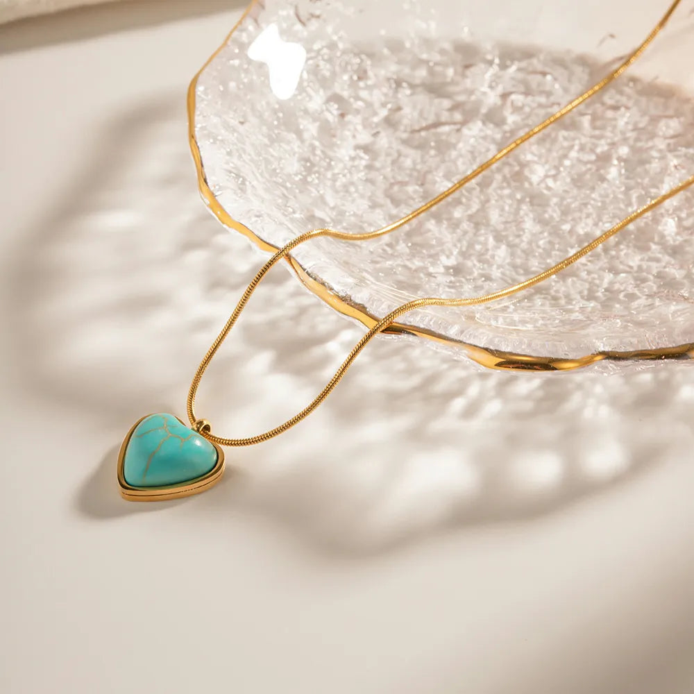 Stainless Steel 18K Gold Plated IG Style Inlay Heart Shape Turquoise Pendant Necklace