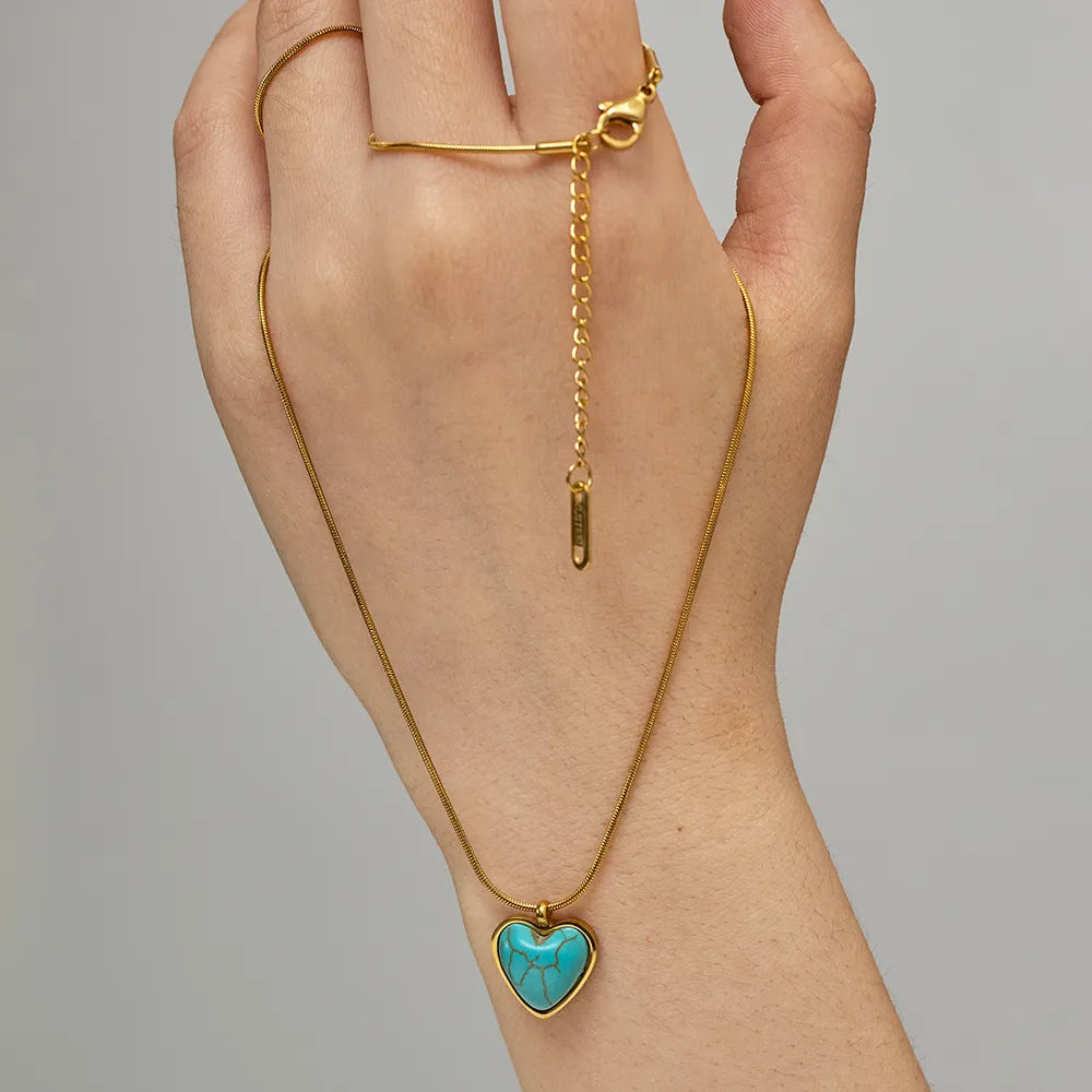 Stainless Steel 18K Gold Plated IG Style Inlay Heart Shape Turquoise Pendant Necklace