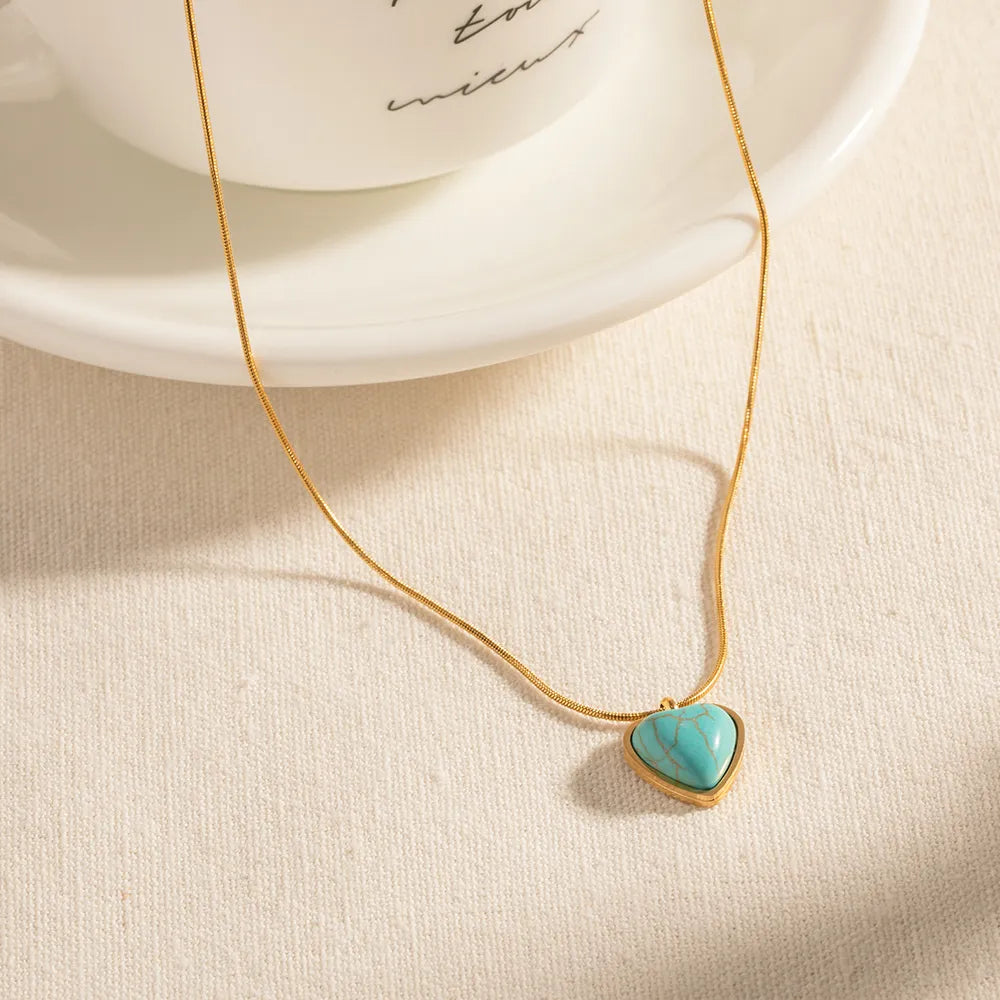 Stainless Steel 18K Gold Plated IG Style Inlay Heart Shape Turquoise Pendant Necklace