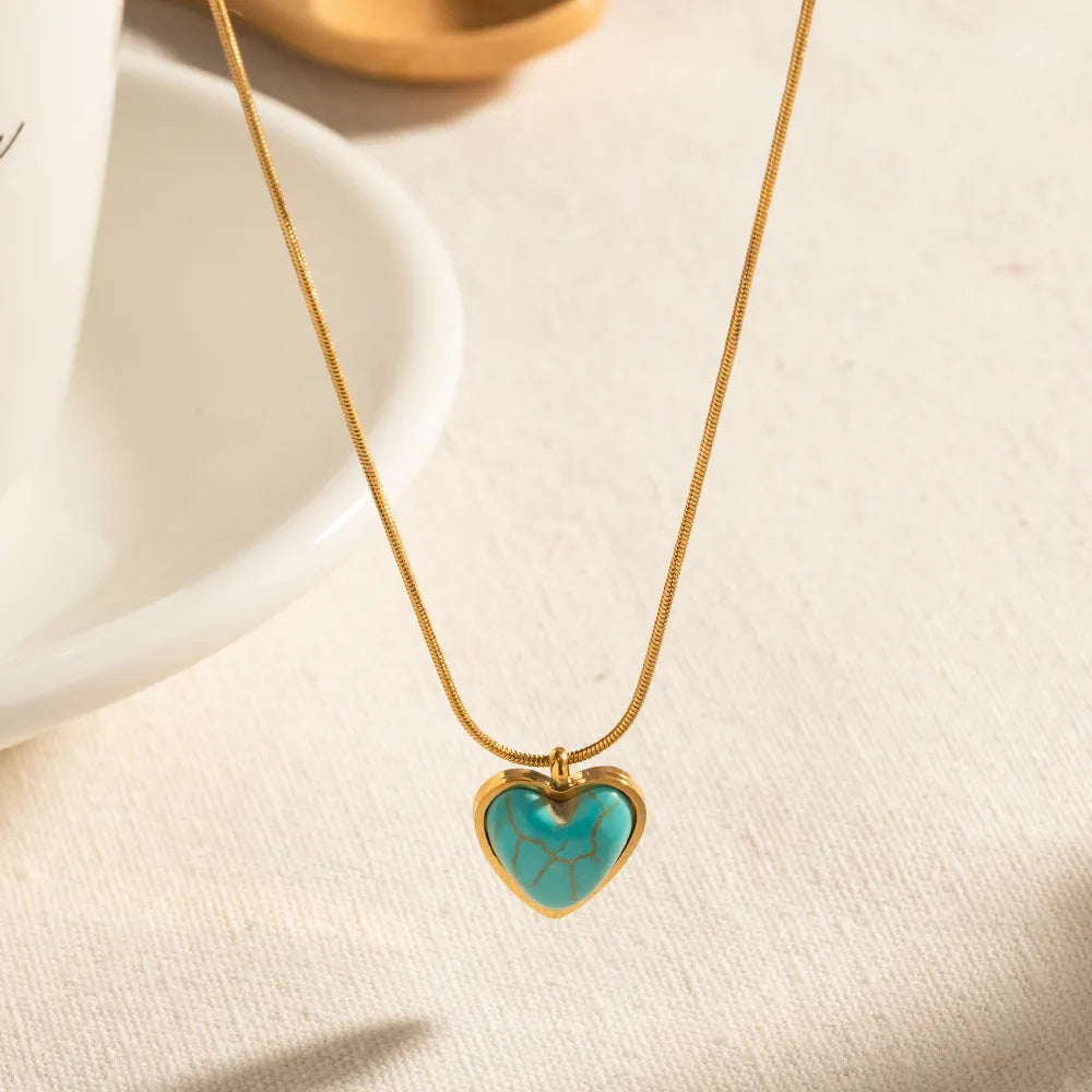 Stainless Steel 18K Gold Plated IG Style Inlay Heart Shape Turquoise Pendant Necklace