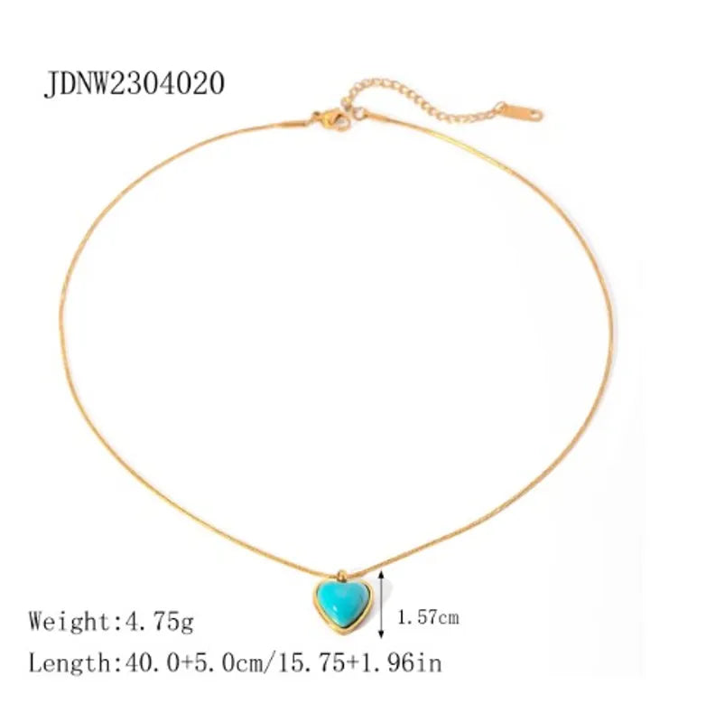 Stainless Steel 18K Gold Plated IG Style Inlay Heart Shape Turquoise Pendant Necklace