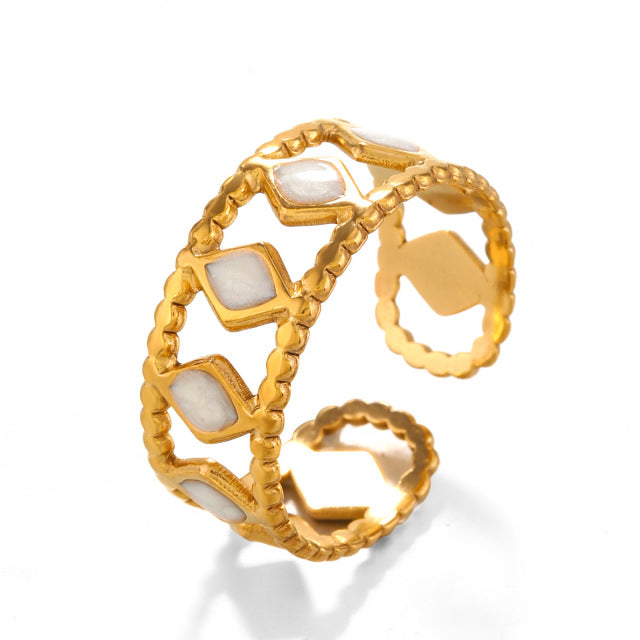 304 Stainless Steel Gem 18K Gold Plated Inlay Open Ring