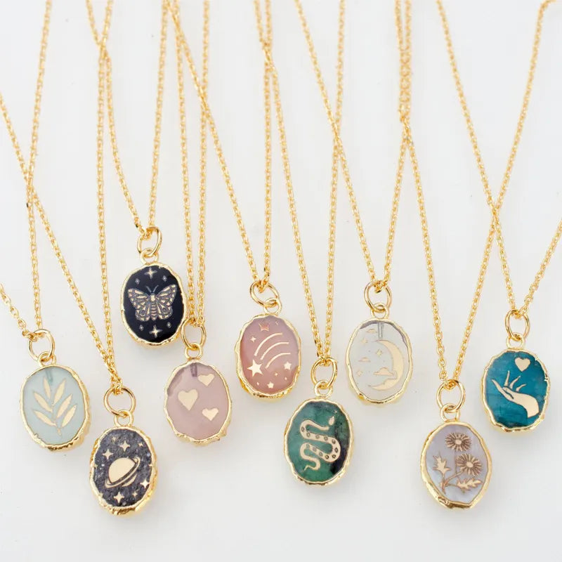 Printed Patterned Geometric Copper Plating 18k Gold Plated Pendant Necklace