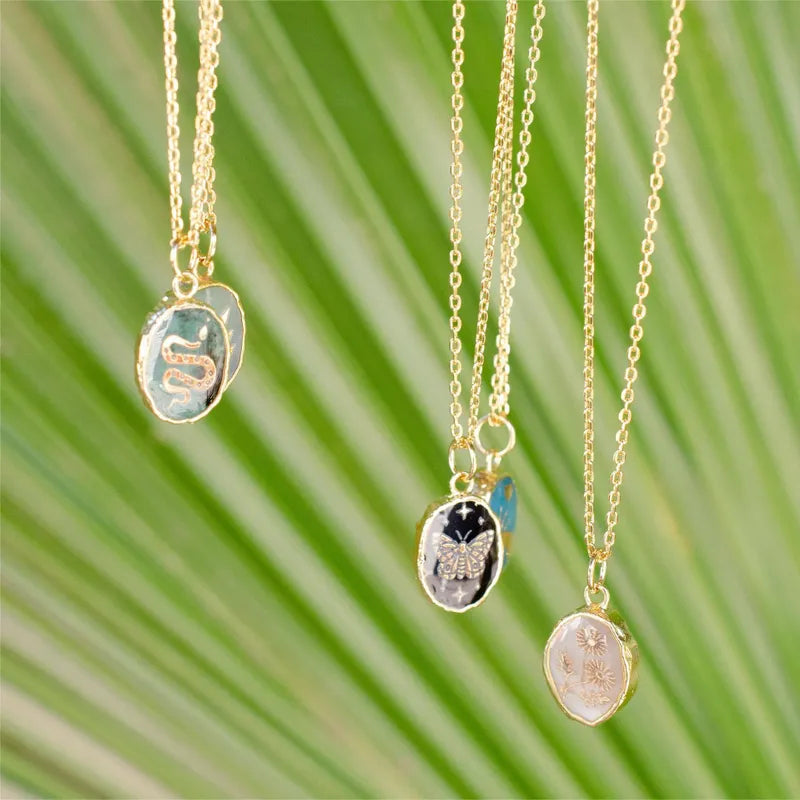 Printed Patterned Geometric Copper Plating 18k Gold Plated Pendant Necklace