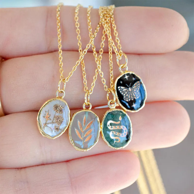 Printed Patterned Geometric Copper Plating 18k Gold Plated Pendant Necklace