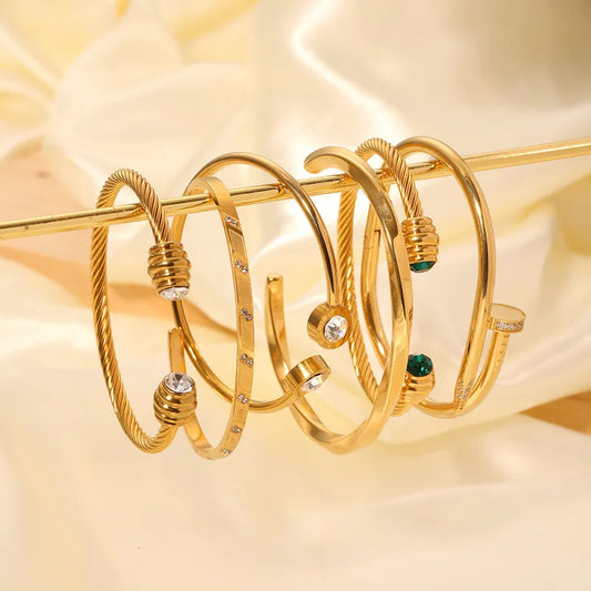 Korean style geometric stainless steel plating inlay zircon 18k gold plated bangle