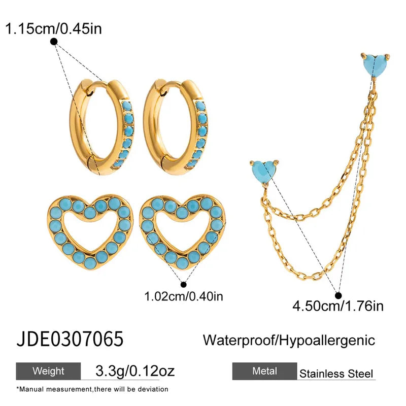 18K Gold Stainless Steel Turquoise + Zircon 3 Pairs Earring