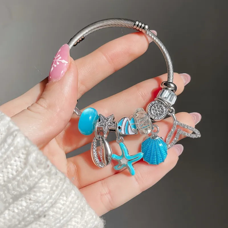 Under Sea Blue Charm Stainless Steel Bracelet Diamond-encrusted Beaded Fishtail Shell Love Pendant Adjustable Girlfriend Bracelet