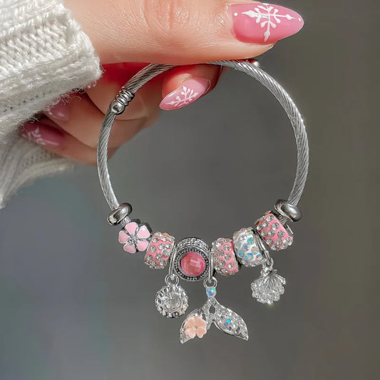 Under Sea Pink Charm Stainless Steel Bracelet Diamond-encrusted Beaded Fishtail Shell Love Pendant Adjustable Bracelet