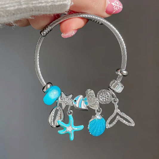 Under Sea Blue Charm Stainless Steel Bracelet Diamond-encrusted Beaded Fishtail Shell Love Pendant Adjustable Girlfriend Bracelet