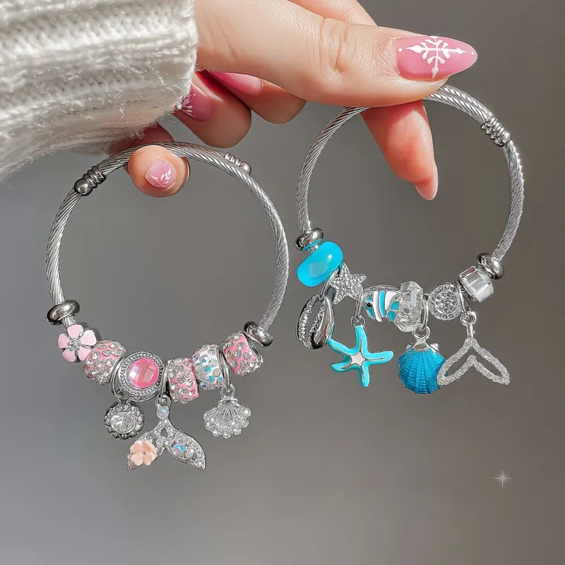 Under Sea Blue Charm Stainless Steel Bracelet Diamond-encrusted Beaded Fishtail Shell Love Pendant Adjustable Girlfriend Bracelet