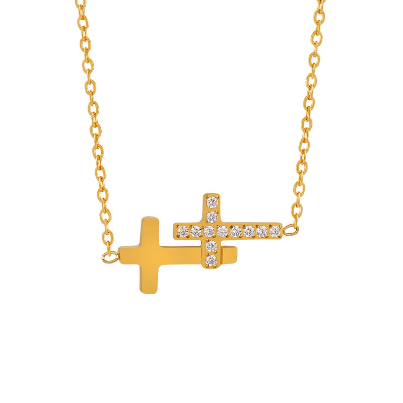 Double Cross Titanium Steel 24K Gold Plated Necklace