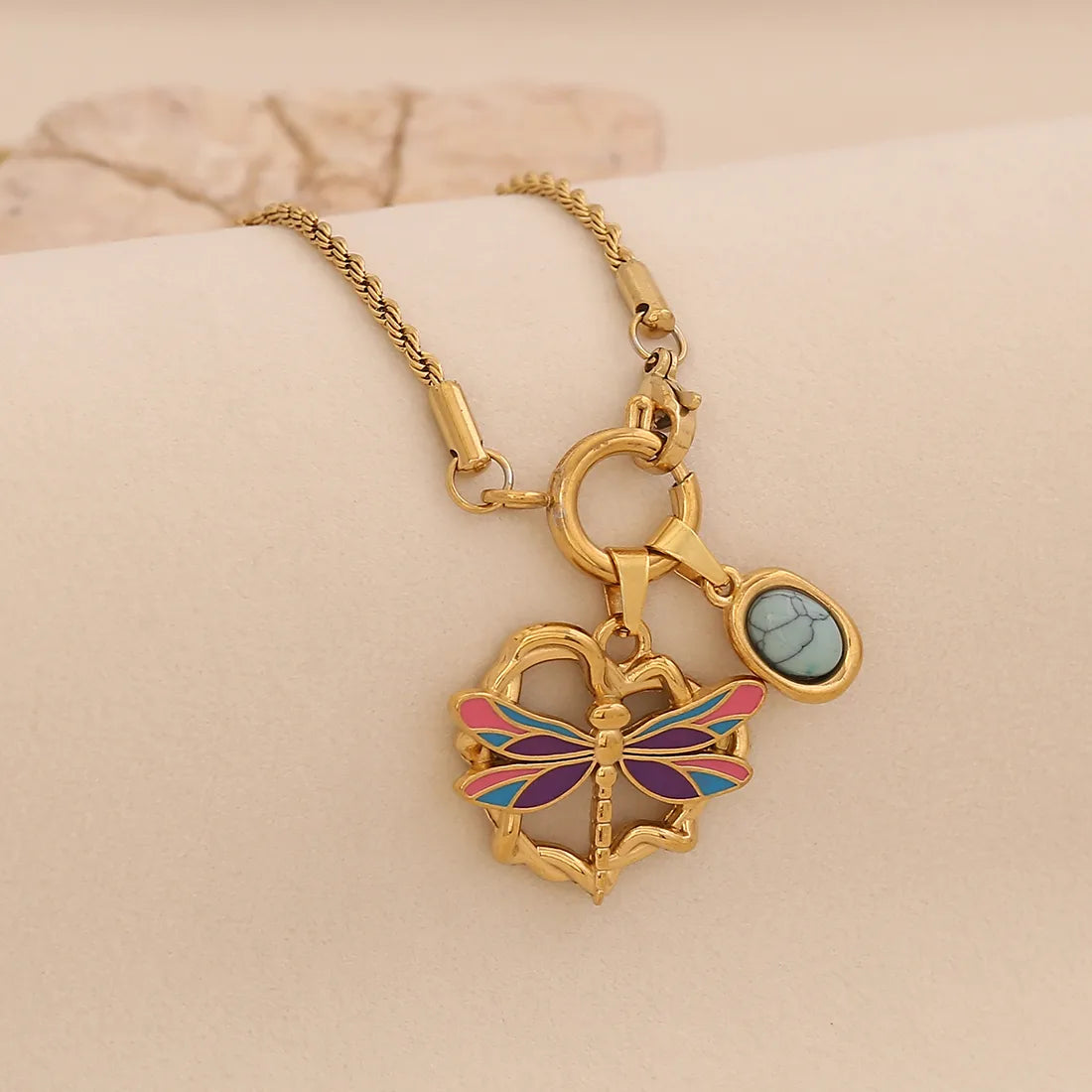 Elephant Dragonfly Cute Stainless Steel 18K Gold Plated Necklace