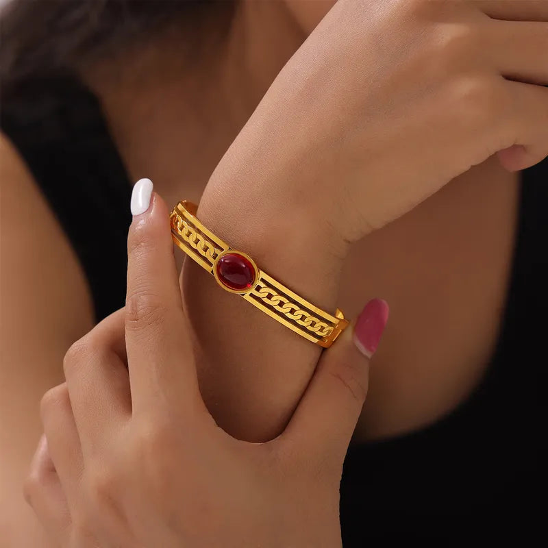 Retro Simple Style Round 304 Stainless Steel 18K Gold Plated Natural Stone Bangle