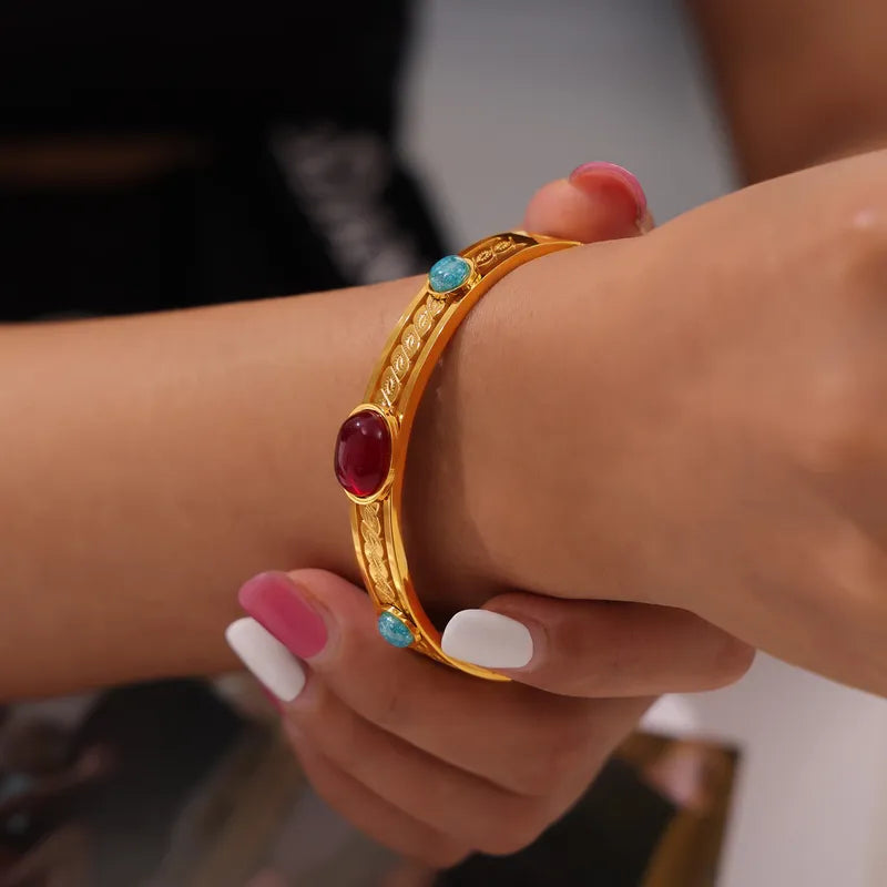 Retro Simple Style Round 304 Stainless Steel 18K Gold Plated Natural Stone Bangle