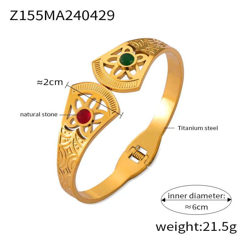 Retro Simple Style Round 304 Stainless Steel 18K Gold Plated Natural Stone Bangle