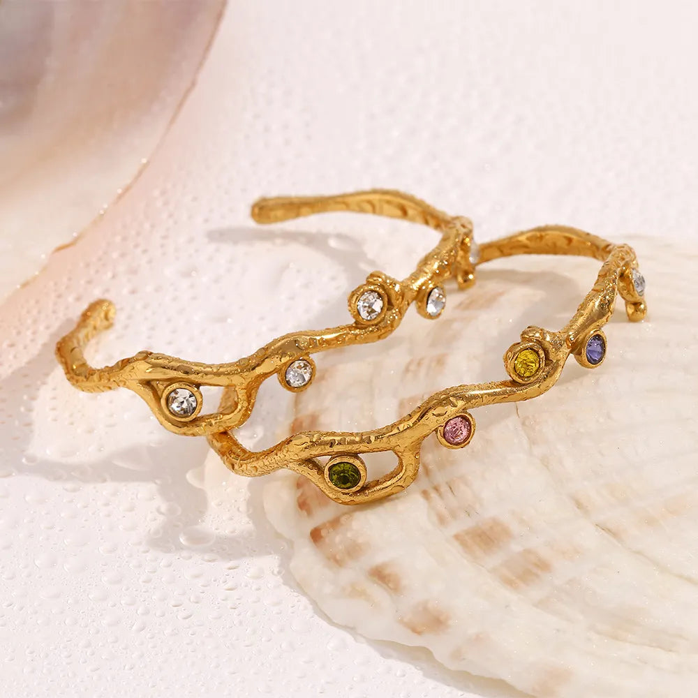 Simple Style Shiny Round 304 Stainless Steel 18K Gold Plated Zircon Bangle