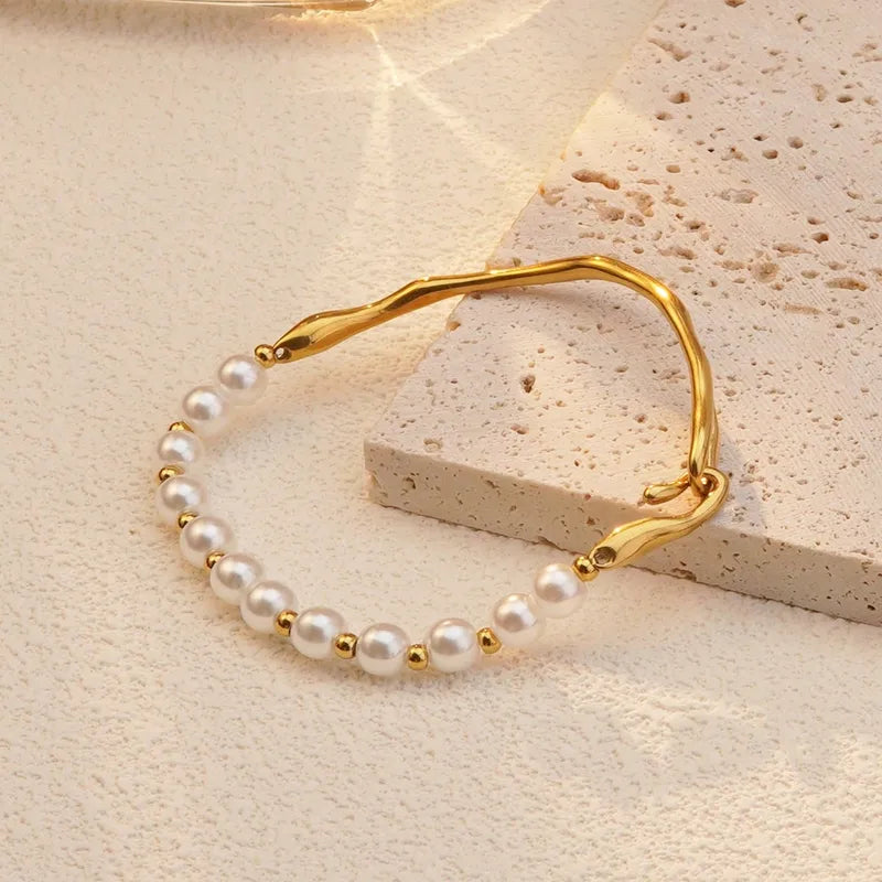 Geometric Pearls Golden Yellow Solid Color 304 Stainless Steel 18K Gold Plated Plastic Bracelets