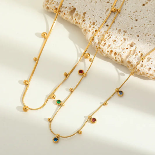 Round Gold Charms 304 Stainless Steel Zircon 18K Gold Plated Plating Inlay Flat Snake Chain Cable Chain Box Chain Multi Charms Necklace