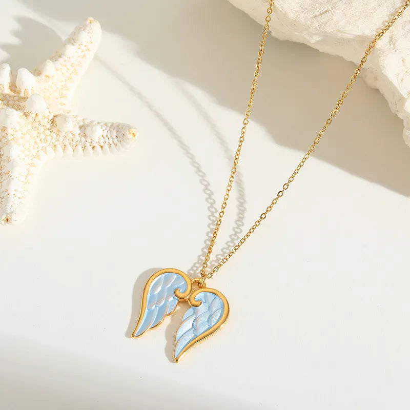 Blue Angelic Wings Elegant Geometric Wings 304 Stainless Steel 18K Gold Plated Plating Cable Chain Pendant Necklace