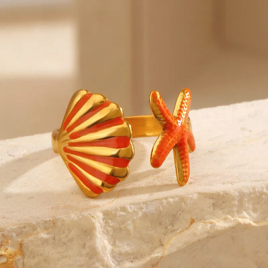 Orange Starfish Shell Elegant 304 Stainless Steel Resin 18K Gold Plated Open Ring