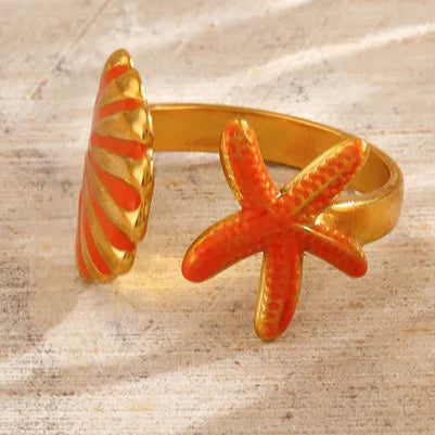 Orange Starfish Shell Elegant 304 Stainless Steel Resin 18K Gold Plated Open Ring