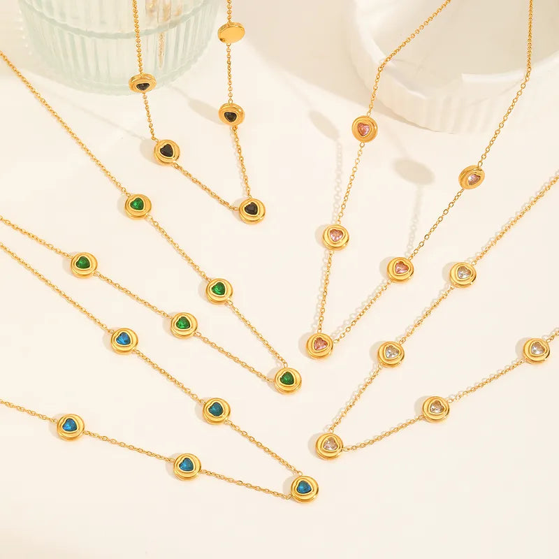 Heart Shape White Charms 304 Stainless Steel Zircon 18K Gold Plated Plating Inlay Multi Charms Necklace