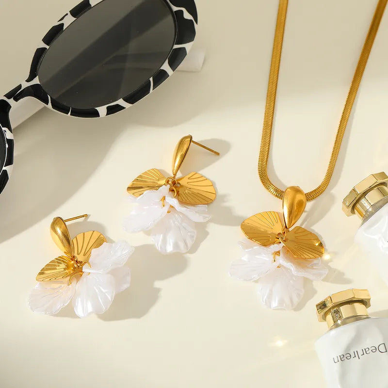 Petal Flower Blade Gold Elegant 304 Stainless Steel Acrylic 18K Gold Necklace Set