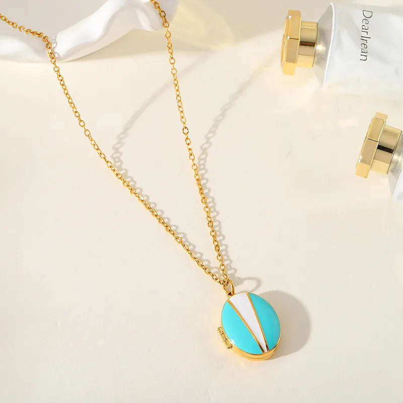 Oval Split Elegant Cute Romantic Geometric Oval Heart Shape 304 Stainless Steel 18K Gold Plated Epoxy Plating Cable Chain Pendant Necklace Locket Necklace