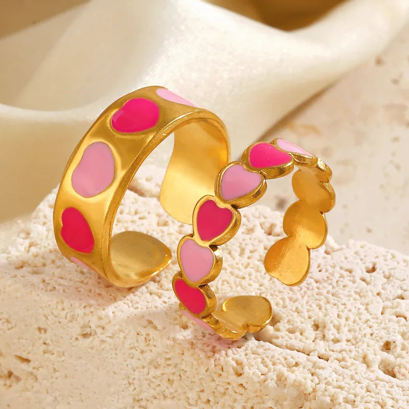 Elegant Heart Shape Double Pink 304 Stainless Steel Resin 18K Gold Plated Open Ring.
