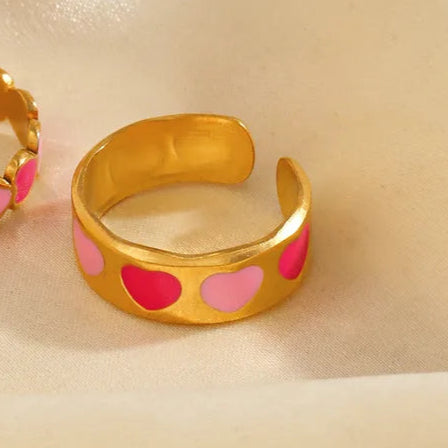 Elegant Heart Shape Double Pink 304 Stainless Steel Resin 18K Gold Plated Open Ring.