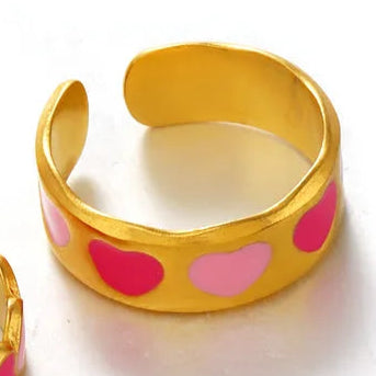 Elegant Heart Shape Double Pink 304 Stainless Steel Resin 18K Gold Plated Open Ring.