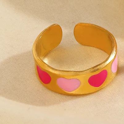 Elegant Heart Shape Double Pink 304 Stainless Steel Resin 18K Gold Plated Open Ring.