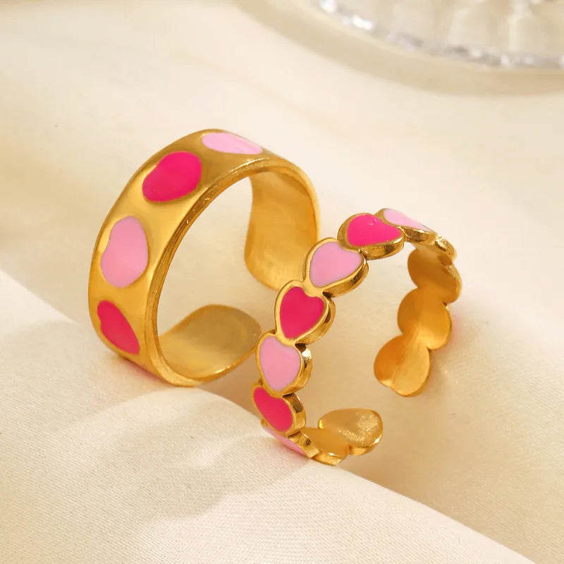 Elegant Heart Shape Double Pink 304 Stainless Steel Resin 18K Gold Plated Open Ring.