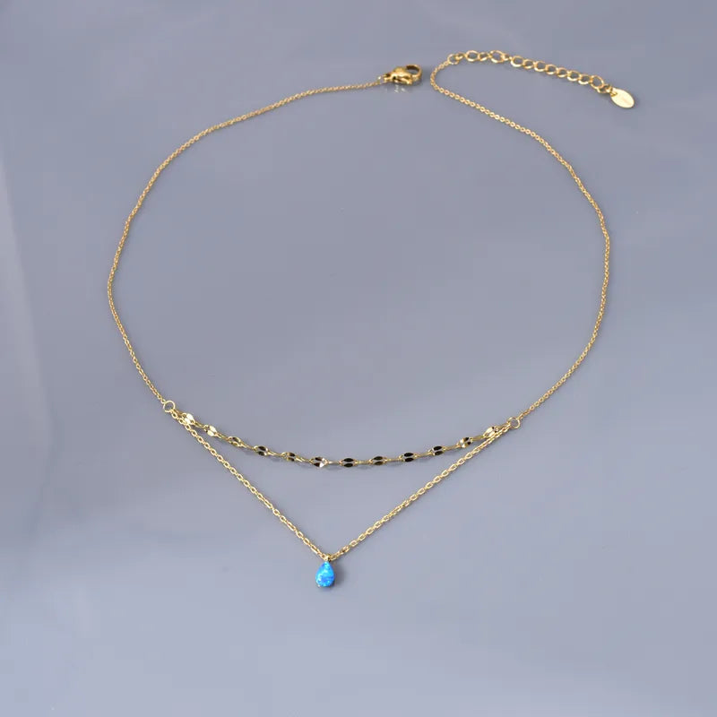 Blue Drop Rhinestone Elegant Simple Double Chain Style 304 Stainless Steel 18K Gold Plated Plating Inlay Coffee Bean Link Chain Cable Chain Necklaces