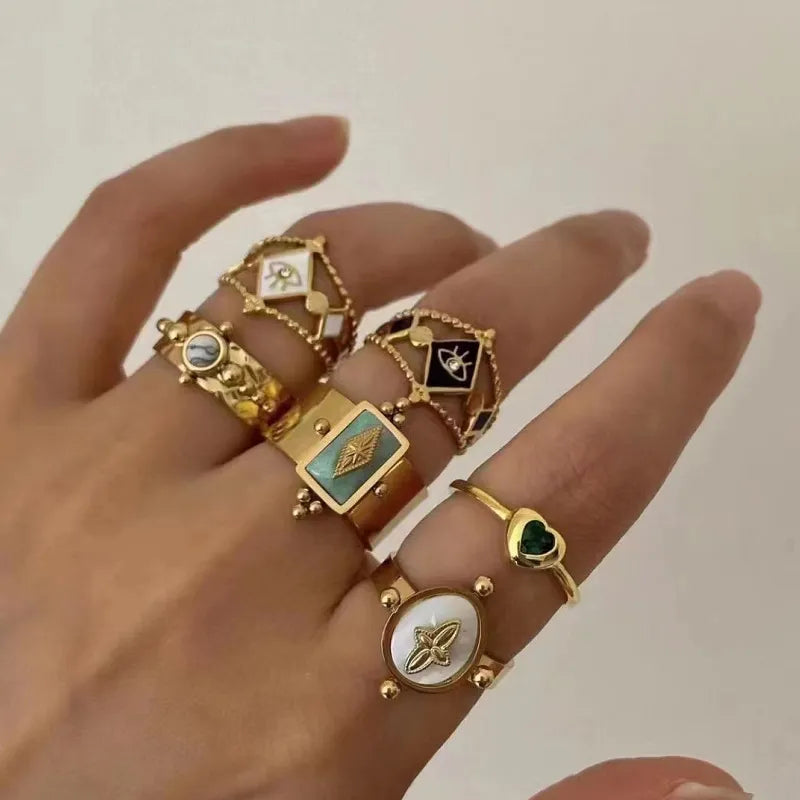 Round Square 304 Stainless Steel Artificial Gemstones 14K Gold Plated Plating Inlay Open Ring