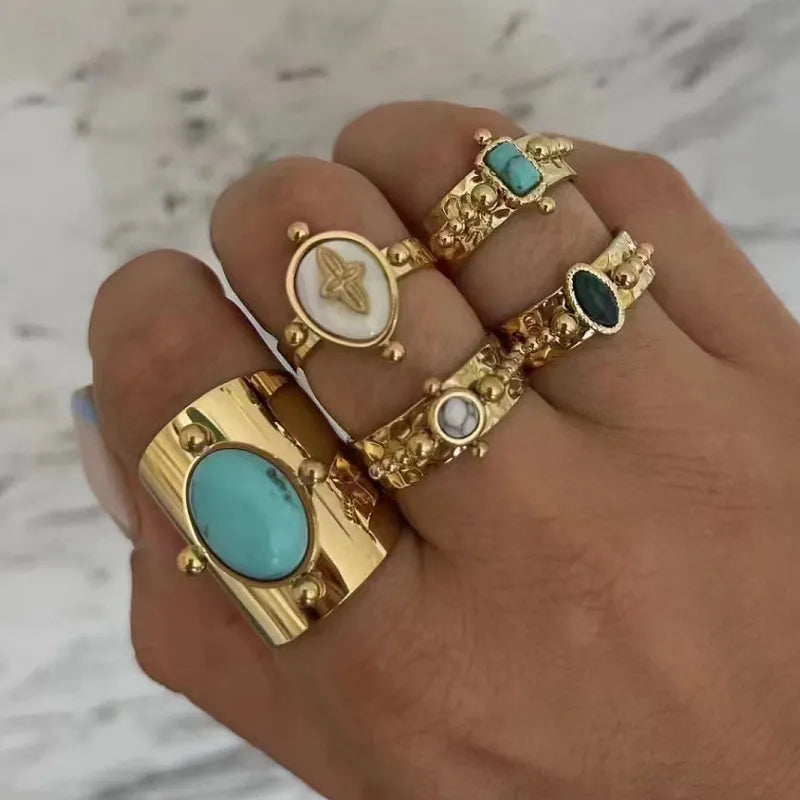 Round Square 304 Stainless Steel Artificial Gemstones 14K Gold Plated Plating Inlay Open Ring