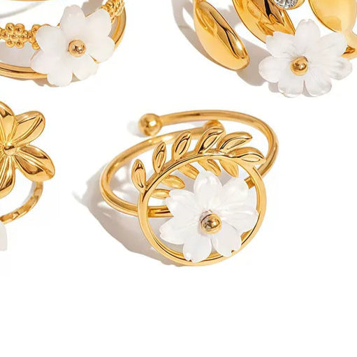 Caesar Leaf Single Flower 304 Stainless Steel 18K Gold Plated Open Rings