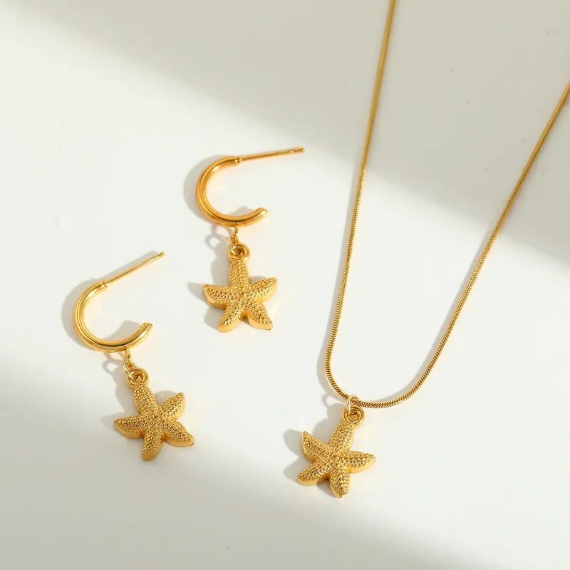 Lady Starfish 304 Stainless Steel 18K Gold Plated Plating Box Chain Ear Studs Necklace