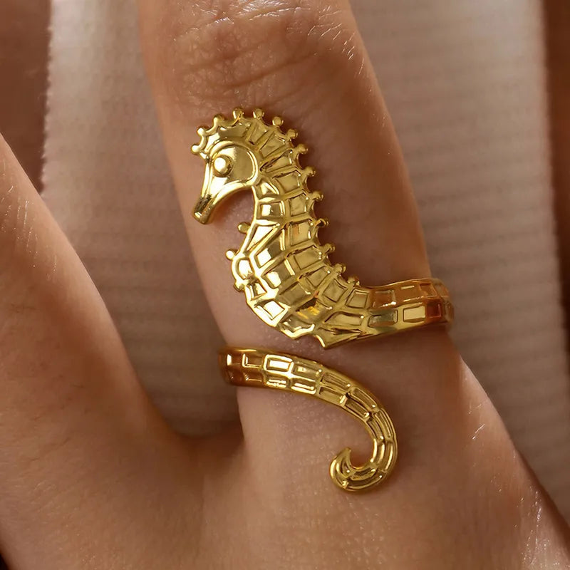 Golden Horse of the Seas 304 Stainless Steel 18K Gold Plated Open Ring