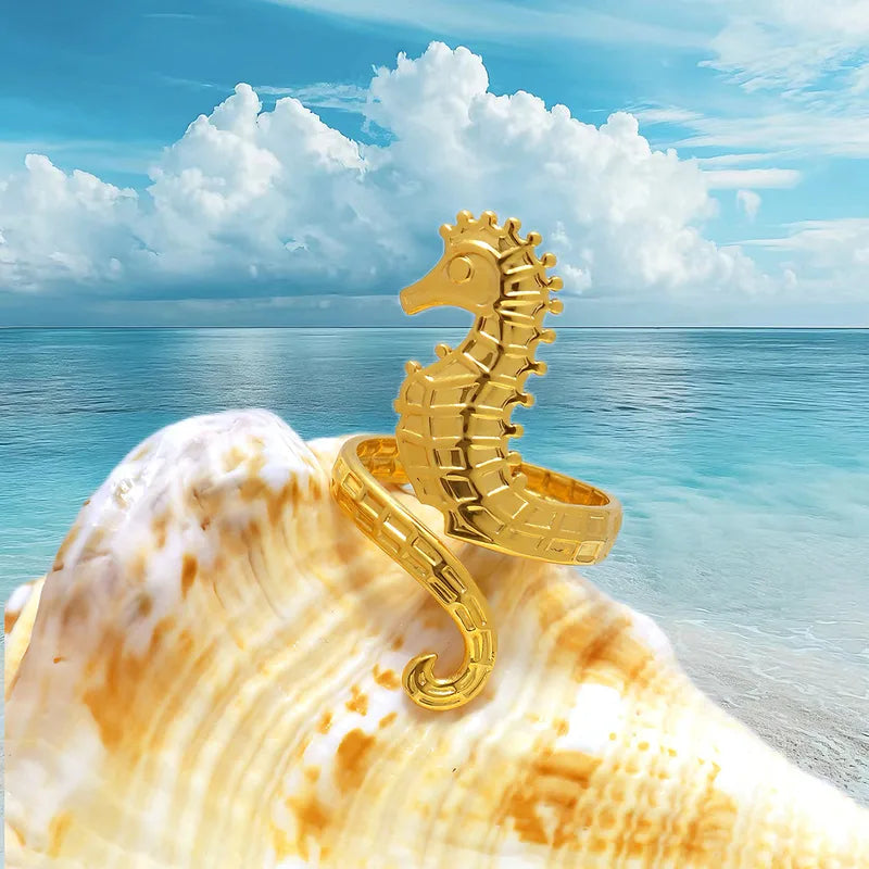 Golden Horse of the Seas 304 Stainless Steel 18K Gold Plated Open Ring