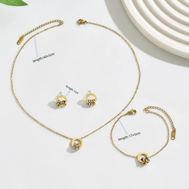 Three-Color Ring Necklace Bracelet Earrings Jewelry 304 Stainless Steel 18K Gold Plated Chain Set