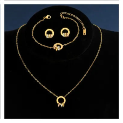 Three-Color Ring Necklace Bracelet Earrings Jewelry 304 Stainless Steel 18K Gold Plated Chain Set