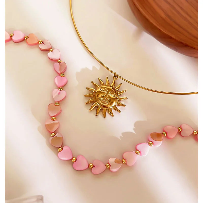 Love Heart Pink Marble Style 316L Stainless Steel Natural Shell 18K Gold Plated Irregular Choker