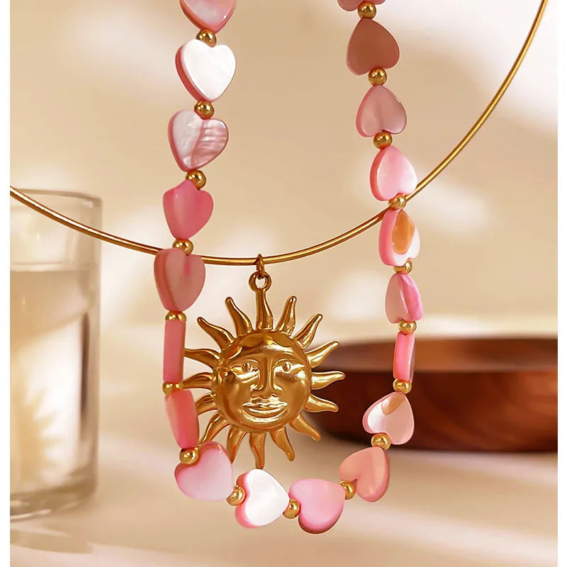 Love Heart Pink Marble Style 316L Stainless Steel Natural Shell 18K Gold Plated Irregular Choker
