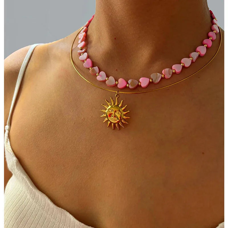 Love Heart Pink Marble Style 316L Stainless Steel Natural Shell 18K Gold Plated Irregular Choker