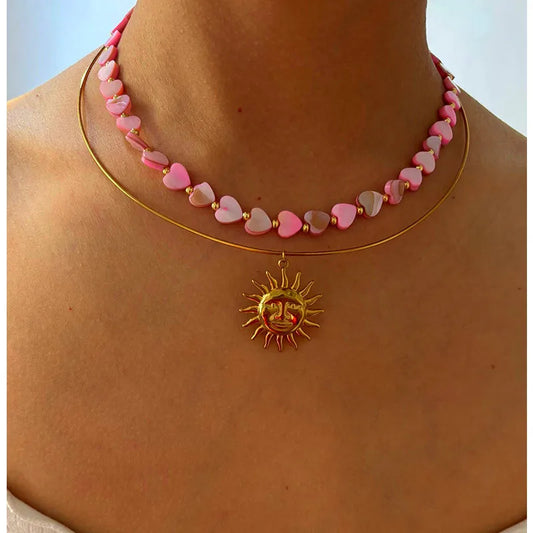 Love Heart Pink Marble Style 316L Stainless Steel Natural Shell 18K Gold Plated Irregular Choker
