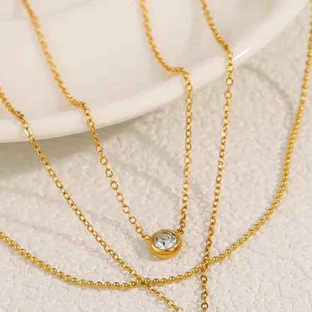 Single Diamond Stone Pendant 304 Stainless Steel 18K Gold Plated Plating Cable Chain Pendant Necklace
